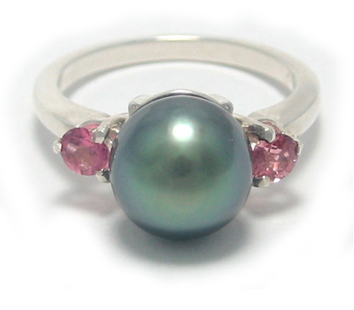 Tahitian Pearl Ring with Pink Tourmalines