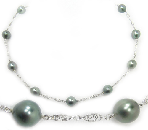 Tahitian Pearl Station Necklace with Filigree Chain