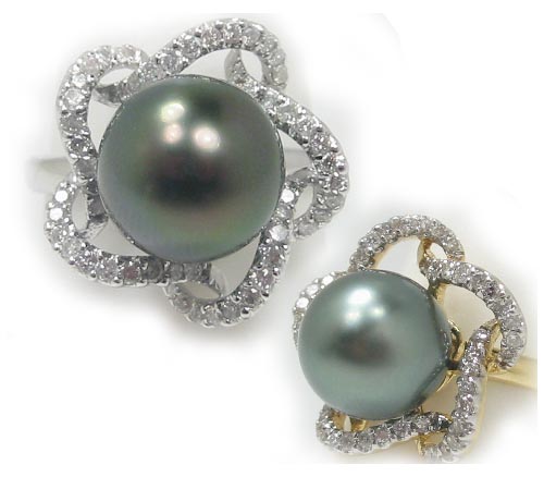 Tahitian Black Pearl Ring With Diamonds Flower Petals