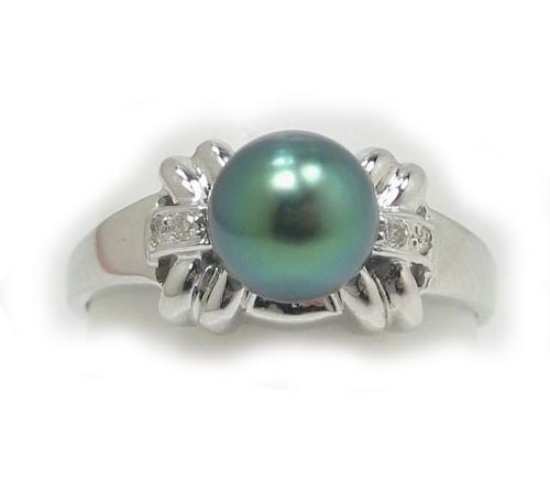 Tahitian Pearl Ring With Pave' Diamond Flowers