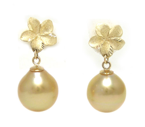 Golden South Sea Pearl Plumeria Earrings