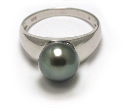Tahitian Pearl and Sterling Silver Ring with Semi-Round Tahitian Pearl
