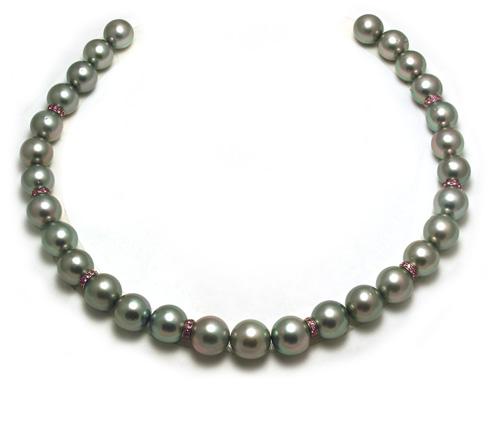 Tahitian pearl necklace with pink sapphire rondels and round pearls