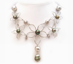 Silver Flower Tahitian Pearl Necklace