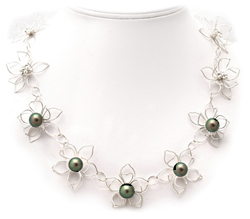 Silver Flower Tahitian Pearl Necklace